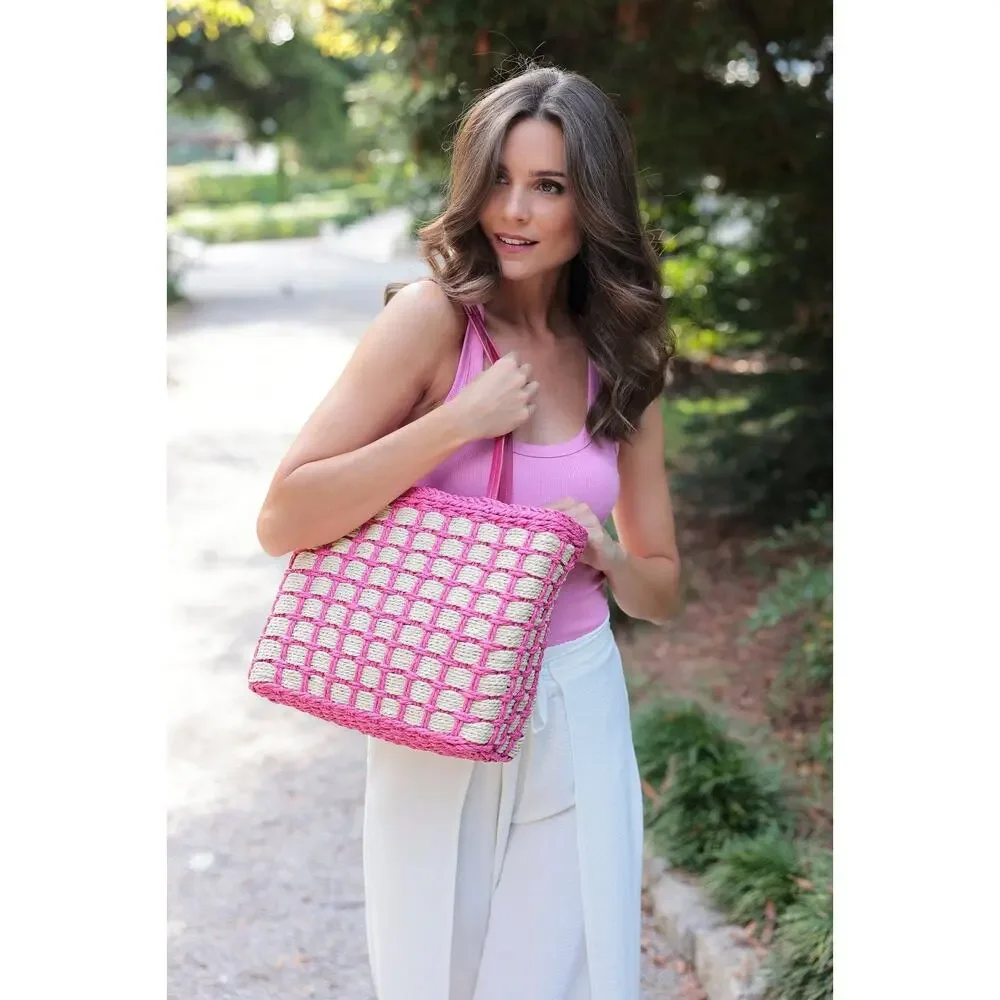Juanita Pink Woven Straw Tote Bag Drawstring Beach Resort NWT